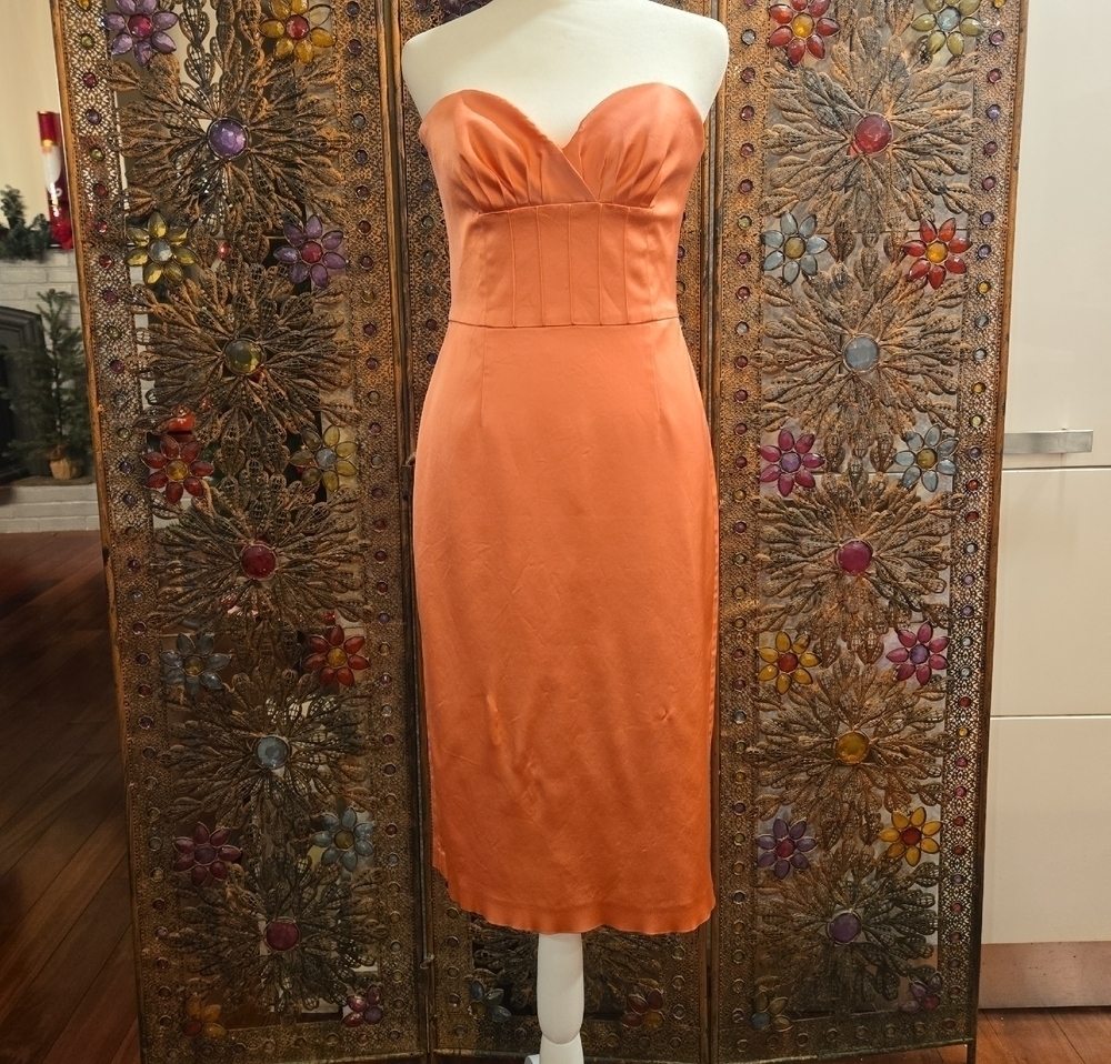 David Meister Strapless Corset Satin Midi Dress Coral Womens Size 6